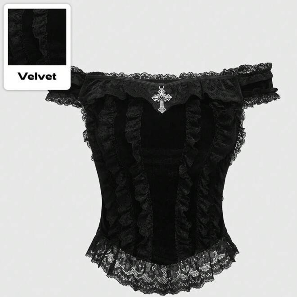ROMWE Goth Gothic Palace Style Cross Lace Trim Velvet Off Shoulder Top Sz. M - Picture 2 of 13
